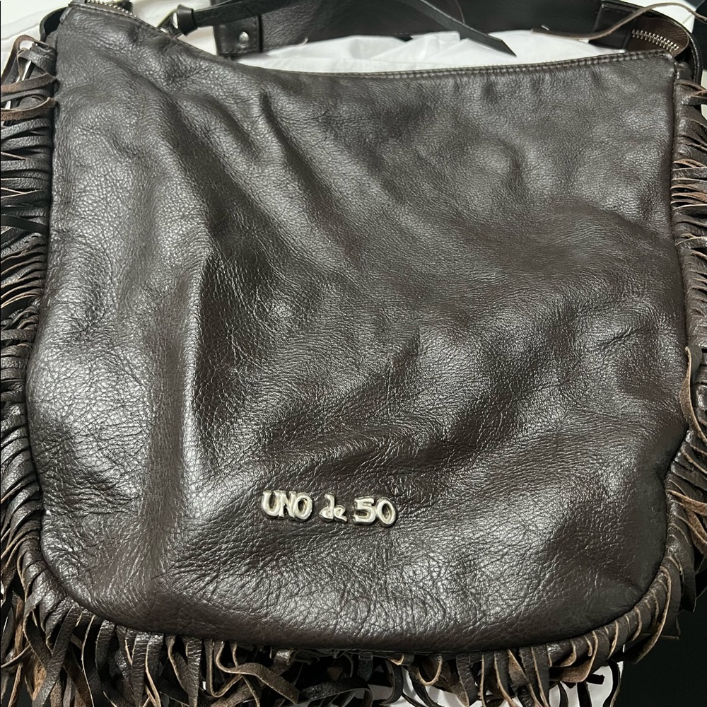 Uno De 50 Brown Leather Fringe Hobo Handbag 13x13x6